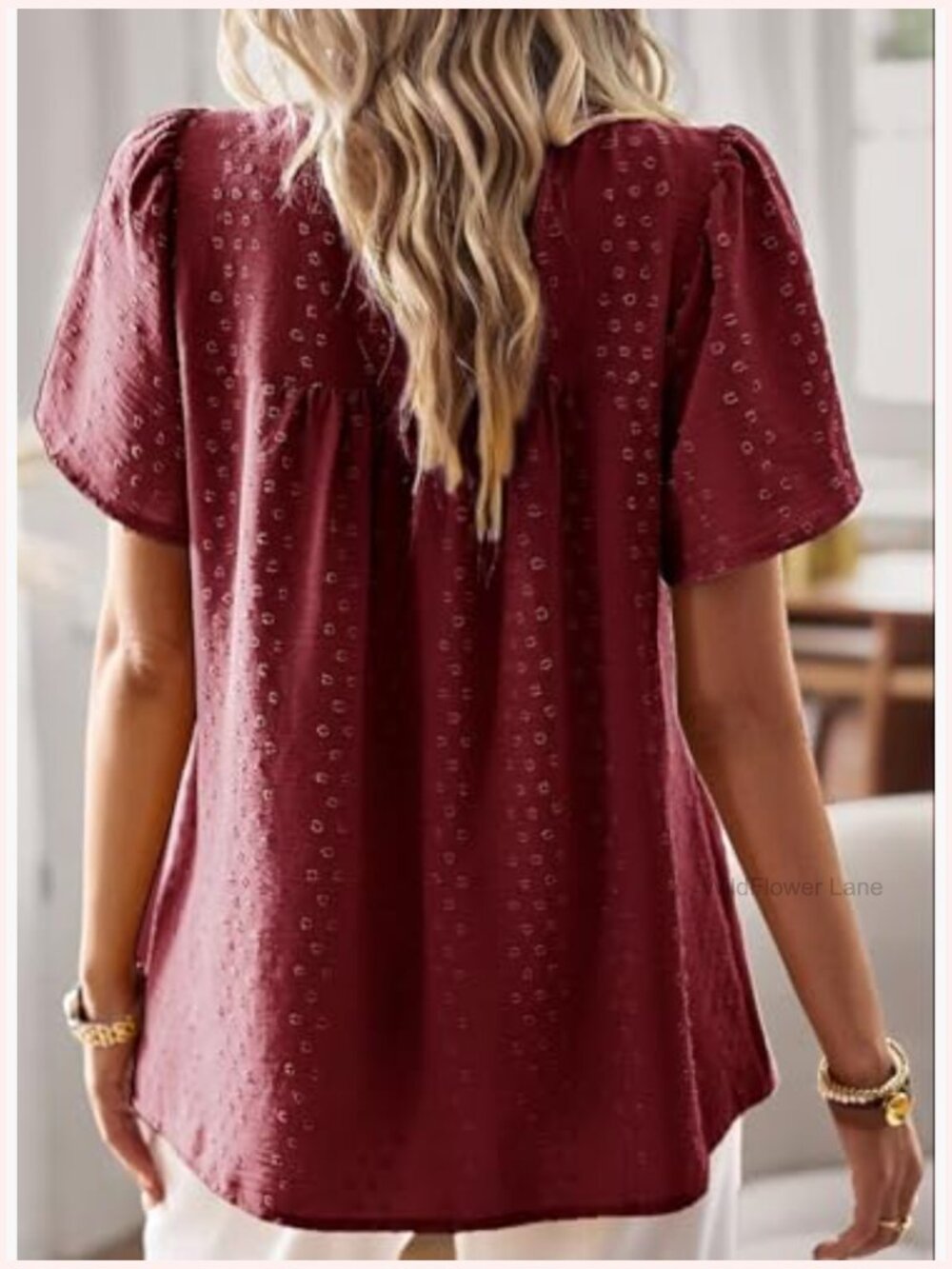 Crewneck Short Sleeve Blouse Flowy Lace Hem Boho Tunic - Picture 3 of 7